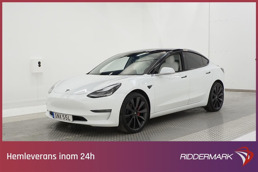Tesla Model 3 Performance AWD FSD Ljus interiör Sv Såld